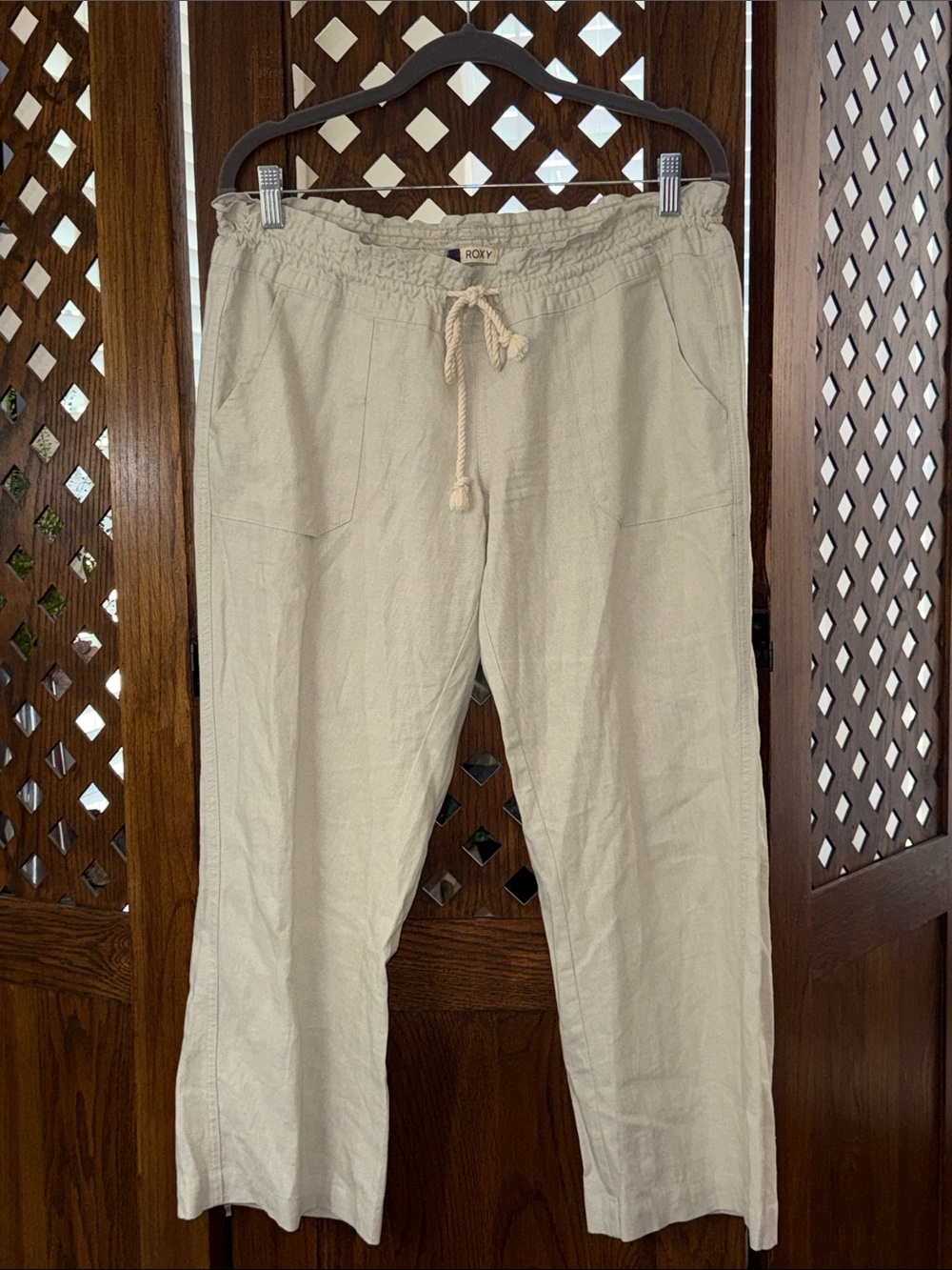 Roxy Women's Beige Wide-Leg Linen-Blend Drawstring Pants